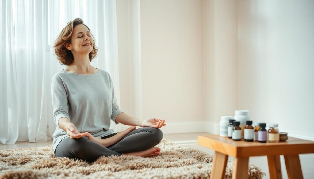A serene, minimalist scene of a woman practicing self-care techniques to manage menopausal symptoms without hormone replacement therapy. In the foreground, she sits cross-legged on a plush, earth-toned rug, eyes closed in meditation. Soft, diffused lighting filters through sheer curtains, creating a tranquil atmosphere. In the middle ground, an array of herbal teas, essential oils, and natural supplements are neatly arranged on a wooden side table. The background features a soothing, neutral-toned wall, lending a sense of calm and introspection. The woman's expression conveys a peaceful acceptance of this natural life transition, emphasizing the holistic, non-pharmaceutical approach to menopause management.