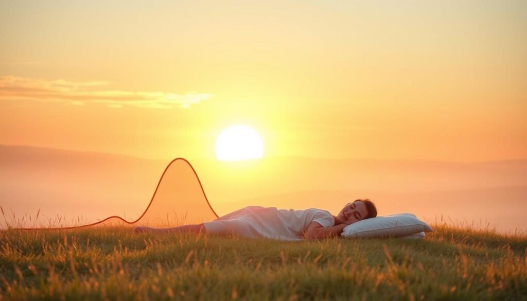 A serene morning landscape, the sky tinged with the first golden rays of dawn. In the foreground, a stylized graph depicts the natural circadian rhythm of cortisol, a vital hormone. The graph's peaks and valleys illustrate its morning surge and nighttime decline, mirroring the human body's biological clock. The middle ground features a tranquil sleeping figure, resting peacefully as the cortisol levels wane. In the background, a soothing, pastel-hued color palette evokes a sense of relaxation and balance. Soft, diffused lighting casts a warm, comforting glow over the entire scene, capturing the essence of "Cortisol Levels: Morning Peaks, Nighttime Quiescence".