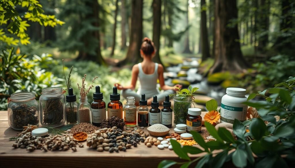 A serene, natural setting with an array of herbal remedies for menopause. In the foreground, a wooden table is adorned with a selection of dried botanicals, essential oils, and various natural supplements. The middle ground features a woman sitting cross-legged, peacefully contemplating her options while surrounded by lush, verdant foliage. Soft, diffused lighting filters through the scene, creating a calming, ethereal atmosphere. The background depicts a tranquil forest landscape, with towering trees and a gently flowing stream, conveying a sense of harmony and balance. The overall composition emphasizes the holistic, nature-based approach to managing menopausal symptoms.