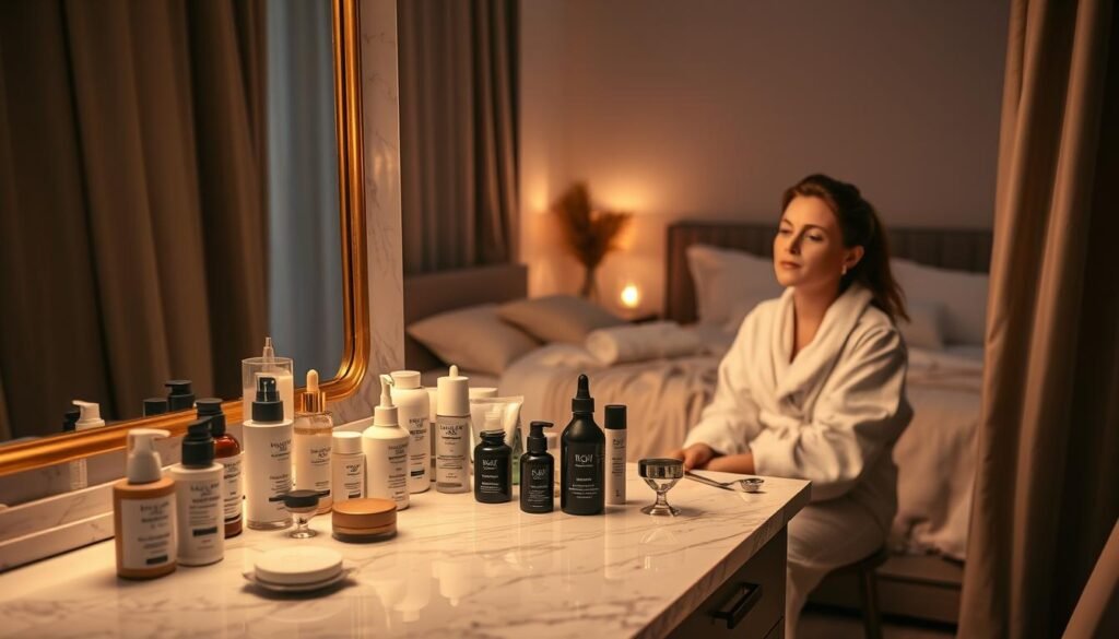 A serene nighttime scene of a woman's skincare routine. In the foreground, a marble vanity holds an array of skincare products - cleansers, serums, moisturizers, and facial tools. Soft, warm lighting from a gold-framed mirror casts a gentle glow. The woman, dressed in a cozy robe, sits at the vanity, focused on her nightly self-care ritual. In the background, a lush, dimly lit bedroom with plush bedding and a tranquil ambiance sets the stage for rejuvenation. The overall mood is one of relaxation, nourishment, and quiet reflection.
