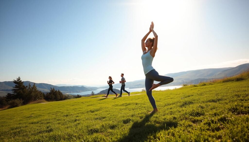 A serene outdoor scene of a woman practicing yoga poses on a grassy meadow, surrounded by lush greenery and a cloudless azure sky. Soft, diffused natural lighting casts a warm, golden glow, highlighting the graceful movements of her body. In the middle ground, a pair of people engage in a brisk jog along a winding dirt path, their silhouettes adding a sense of dynamic energy to the composition. In the distance, rolling hills and a tranquil lake create a sense of depth and tranquility. The overall mood is one of balance, vitality, and harmony, perfectly encapsulating the benefits of exercise for hormone health.