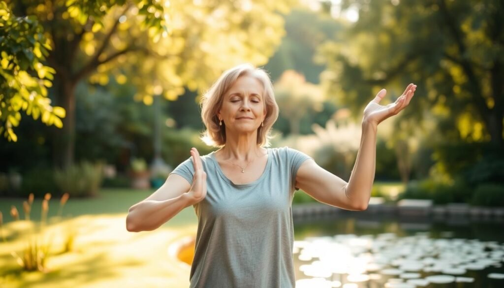 A serene outdoor scene with a woman in her 40s practicing gentle yoga or meditation in a lush garden. Warm, soft natural light filters through the trees, creating a calming atmosphere. In the background, a tranquil pond reflects the greenery. The woman's expression is peaceful, her movements fluid and graceful, as she finds a moment of respite from the stresses of daily life. The overall composition conveys a sense of tranquility, mindfulness, and natural rejuvenation for a woman seeking natural stress relief.