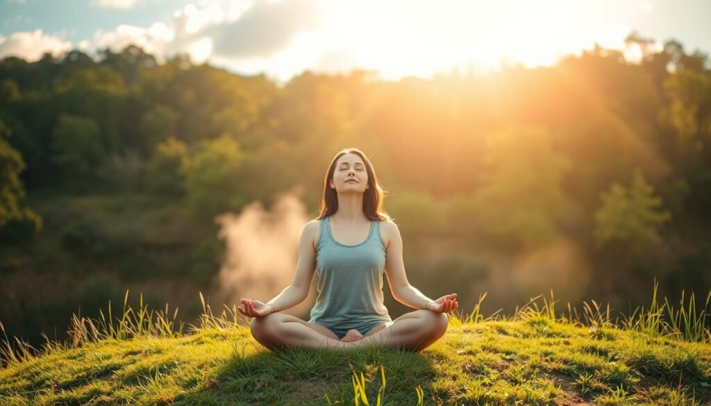 A serene outdoor scene with a woman sitting in a lotus position on a grassy knoll, her eyes closed in peaceful meditation. Soft sunlight filters through wispy clouds, casting a warm, soothing glow across the landscape. In the background, a lush forest canopy sways gently, conveying a sense of tranquility and connection with nature. The woman's expression radiates inner calm and mindfulness, her pose suggesting a state of mental and emotional well-being. The overall atmosphere evokes a sense of balance, rejuvenation, and a deep appreciation for the present moment.