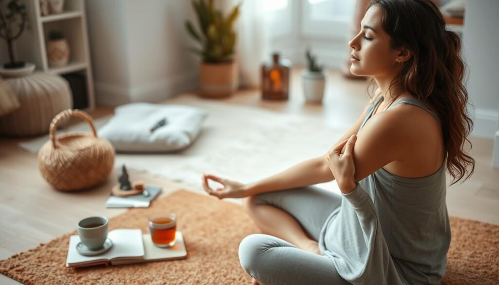 A serene scene of a woman's daily confidence practices unfolds. In the foreground, she sits cross-legged on a plush, earthy-toned yoga mat, eyes closed in peaceful meditation. Soft, diffused lighting from a nearby window illuminates her tranquil expression. In the middle ground, various self-care items are neatly arranged - a journal, a cup of herbal tea, and a few mindfulness tokens like crystals or a small statue. The background depicts a cozy, minimalist living space, with muted colors and natural textures creating a calming atmosphere. An aura of self-assurance and inner strength radiates from the scene, inspiring the viewer to incorporate similar daily practices into their own lives.