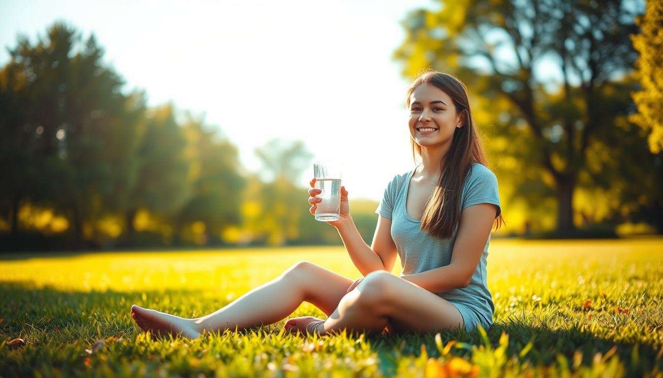 Home A serene scene of a young woman sitting cross-legged on a lush, green lawn, enjoying a refreshing glass of water. The warm, natural lighting casts a soft, golden glow, creating a tranquil and inviting atmosphere. In the background, verdant trees sway gently, and a clear blue sky stretches overhead. The woman's expression is one of contentment and mindfulness, as she takes a moment to hydrate and rejuvenate her body. The composition emphasizes the importance of staying well-hydrated for better health and digestion, with the glass of water as the central focus.