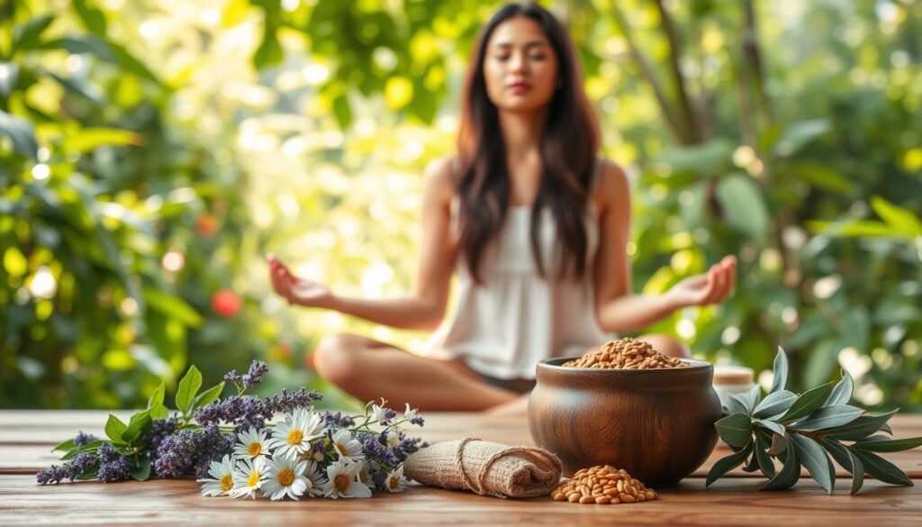 A serene scene of natural remedies for hormonal balance. In the foreground, an array of herbs and botanicals - chamomile, lavender, ashwagandha, and sage - arranged neatly on a wooden table, their soothing colors and textures inviting. In the middle ground, a woman sitting cross-legged, eyes closed, palms upturned, practicing mindful meditation, her expression calm and centered. The background depicts a lush, verdant garden, with sunlight filtering through the leaves, creating a warm, tranquil atmosphere. The lighting is soft and diffused, accentuating the natural elements. The overall mood is one of balance, harmony, and a holistic approach to hormonal health.