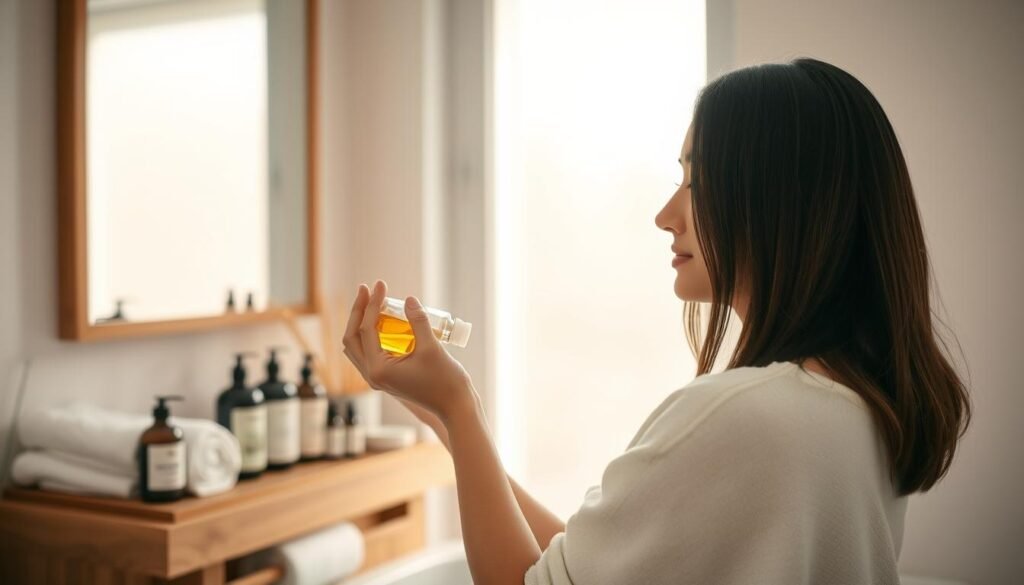 A serene, softly-lit bathroom scene, with a woman gently massaging fragrant hair oil into her shoulder-length, glossy brown hair. Soft diffused light filters in through a frosted window, casting a warm, soothing glow. Plush white towels and minimalist bathroom accessories create a calming, spa-like atmosphere. The woman's facial expression is one of tranquil focus, her movements deliberate and nurturing. In the background, a wooden vanity holds an array of gentle, plant-based haircare products. The overall mood is one of self-care, relaxation, and a reverence for the natural beauty of healthy hair.