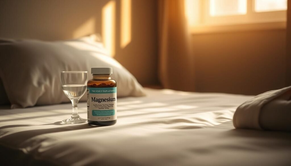 A serene, softly lit bedroom scene, with a nightstand holding a glass of water and a bottle of magnesium supplements. The window in the background casts a warm, golden glow, creating a calming, peaceful atmosphere. The focus is on the magnesium bottle, prominently displayed, with its label clearly visible. The lighting is soft and diffused, emphasizing the calming and restorative qualities of the magnesium. The room is sparsely decorated, with minimal distractions, allowing the magnesium to take center stage as the star of the image. The overall mood is one of tranquility and relaxation, reflecting the section title "Magnesium: Calm Your Nervous System and Support Sleep Quality".