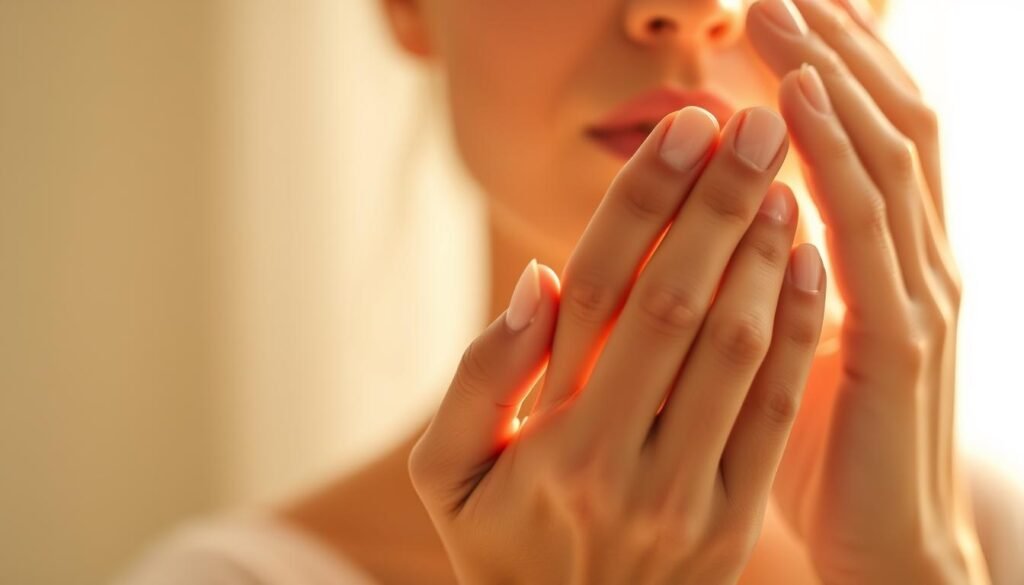 A serene, softly lit scene of a woman's hands gently applying a nourishing face cream. The lighting is warm and diffused, creating a sense of tranquility and care. The woman's face is partially obscured, emphasizing the focus on her hands and the ritual of skincare. The background is blurred, drawing the viewer's attention to the delicate, purposeful movements. The scene conveys a sense of mindful self-care, harmony, and the low-tech, high-impact benefits of biohacking for mind, mood, and skin.