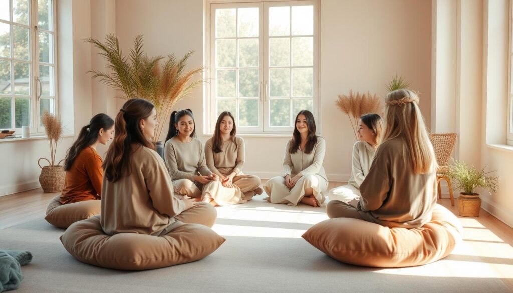 A serene, softly lit studio scene showcasing a group of women intently engaged in mindful listening exercises. The women, dressed in comfortable, modest attire, sit in a circle on plush, earth-toned cushions, their gazes focused inward as they practice the art of deep, active listening. Warm, natural light filters in through large windows, casting a gentle glow that accentuates the tranquil atmosphere. Subtle plants and minimal decor create a calming, minimalist backdrop, allowing the women's interactions to take center stage. The composition emphasizes connection, contemplation, and the power of mindful presence within an intimate, nurturing setting.