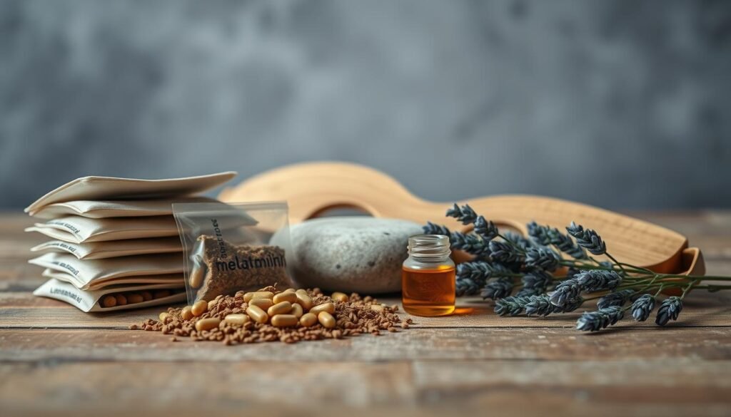 A serene still-life arrangement depicting an assortment of natural sleep aids on a wooden surface. In the foreground, a stack of herbal tea sachets, a small bottle of melatonin capsules, and a handful of dried chamomile flowers. In the middle ground, a smooth river stone, a wooden sleep mask, and a sprig of lavender. The background features a hazy, muted lighting that casts a calming, atmospheric glow. The overall mood is one of tranquility and wellness, inviting the viewer to consider the benefits of natural sleep remedies over synthetic alternatives.