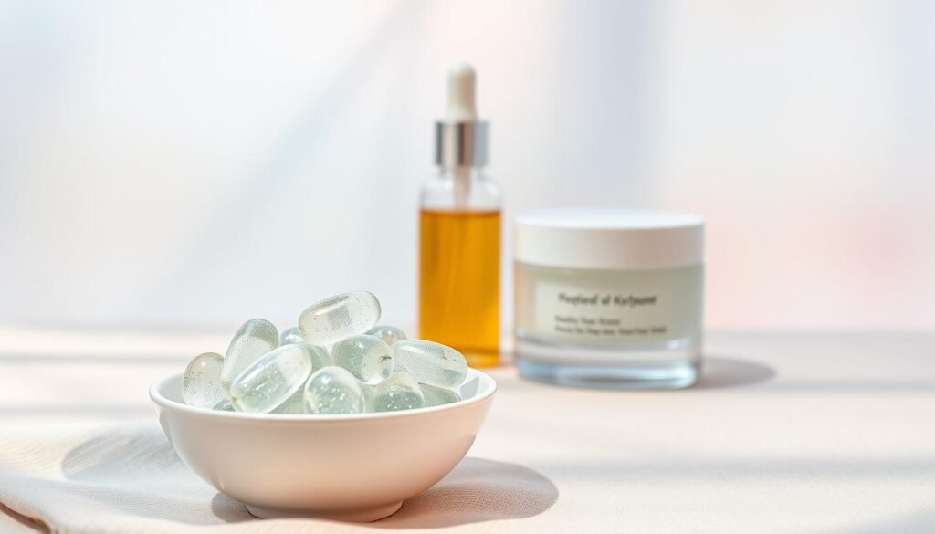 A serene still life scene featuring an array of hydrating skincare products against a soft, pastel backdrop. In the foreground, a porcelain bowl filled with dewy, moisturizing gel capsules rests on a linen cloth. In the middle ground, an elegant glass bottle of facial oil sits alongside a clean, minimalist jar of nourishing cream. The background is a muted, hazy gradient of pale blues and pinks, evoking a sense of tranquility and self-care. Diffused, natural lighting casts a gentle glow across the scene, highlighting the glistening textures of the products. The overall mood is serene, luxurious, and focused on the importance of daily skin hydration.