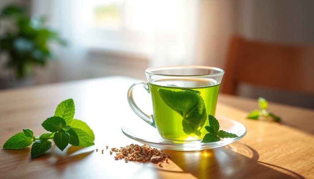 A serene still life showcasing a delicate glass teacup filled with vibrant green tea, accompanied by a soothing herbal blend and a sprig of fresh mint, all arranged on a polished wooden table. Soft, diffused natural lighting from a nearby window casts a warm, calming glow, creating an inviting atmosphere. The composition emphasizes the restorative properties of this soothing beverage, perfect for soothing digestive discomfort and bloating. The overall scene conveys a sense of tranquility and wellness, reflecting the article's focus on effective anti-bloat remedies.