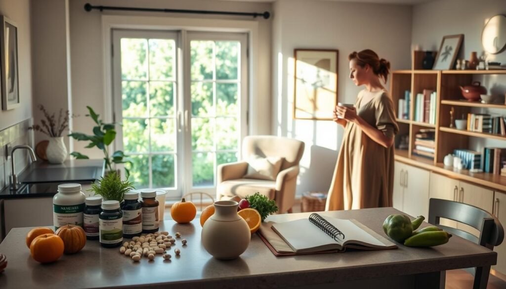 A serene, sun-dappled kitchen scene showcasing various lifestyle changes for menopause relief. In the foreground, a woman in a loose, flowing dress stands by a kitchen counter, preparing a cup of herbal tea. On the counter, an array of natural supplements, a diffuser, and a journal lie amidst fresh produce. In the middle ground, a comfortable armchair sits by a large window, overlooking a lush, green garden. Soft, warm lighting filters through the room, creating a calming atmosphere. The background features a wall adorned with soothing artwork and shelves filled with wellness-focused books. The overall mood is one of tranquility, self-care, and a holistic approach to managing menopausal symptoms.