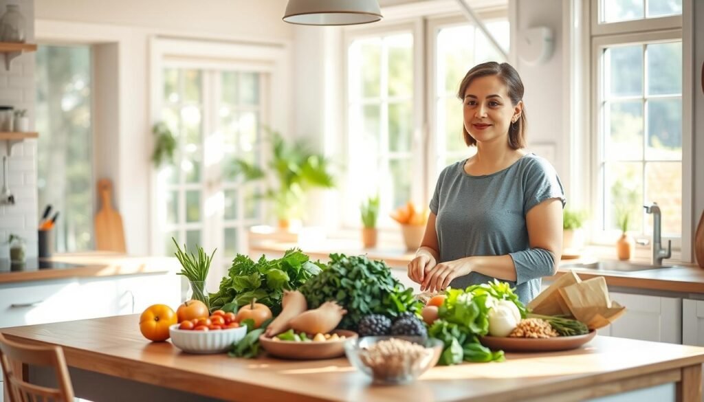 A serene, sun-dappled kitchen with a woman in her mid-30s standing at the counter, preparing a nutritious meal. On the table, an assortment of gut-friendly ingredients like leafy greens, probiotics, and whole grains. The room is filled with natural light, creating a warm and inviting atmosphere. In the background, a view of a tranquil garden or patio, symbolizing the importance of a calming environment for IBS management. The woman's expression conveys a sense of mindfulness and self-care, reflecting the lifestyle changes that can provide effective IBS relief. A serene, sun-dappled kitchen with a woman in her mid-30s standing at the counter, preparing a nutritious meal. On the table, an assortment of gut-friendly ingredients like leafy greens, probiotics, and whole grains. The room is filled with natural light, creating a warm and inviting atmosphere. In the background, a view of a tranquil garden or patio, symbolizing the importance of a calming environment for IBS management. The woman's expression conveys a sense of mindfulness and self-care, reflecting the lifestyle changes that can provide effective IBS relief.