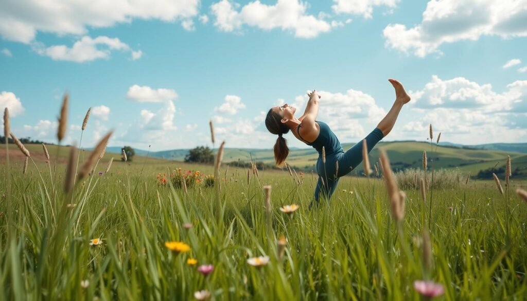 A serene, sun-dappled meadow stretches out, lush green grasses swaying in a gentle breeze. In the foreground, a woman gracefully arches her back, one leg extended, her expression focused as she flows through a series of deep, controlled stretches. The middle ground features a mix of colorful wildflowers and tall, wispy plants, creating a sense of natural harmony. In the distance, rolling hills and a vibrant blue sky with fluffy white clouds set the stage for this tranquil scene of mindful movement and flexibility. Captured with a wide-angle lens and soft, diffused lighting, the image conveys a sense of calm, wellness, and progression.