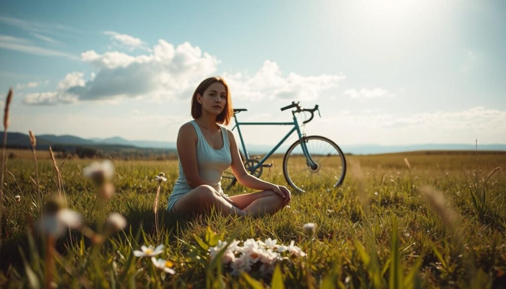 A serene, sun-dappled meadow, with a woman sitting cross-legged on the grass, her gaze introspective as she synchronizes her body's natural rhythms. The foreground features a delicate floral arrangement, symbolizing the cyclical nature of the female form. In the middle ground, a bicycle stands as a metaphor for the journey of biohacking, with its steady pedaling mirroring the ebb and flow of the menstrual cycle. The background showcases a distant, rolling landscape, evoking a sense of harmony and balance. Soft, warm lighting filters through wispy clouds, creating a tranquil, feminine atmosphere. Captured with a medium-wide lens, the scene emphasizes the interconnectedness of mind, body, and environment.