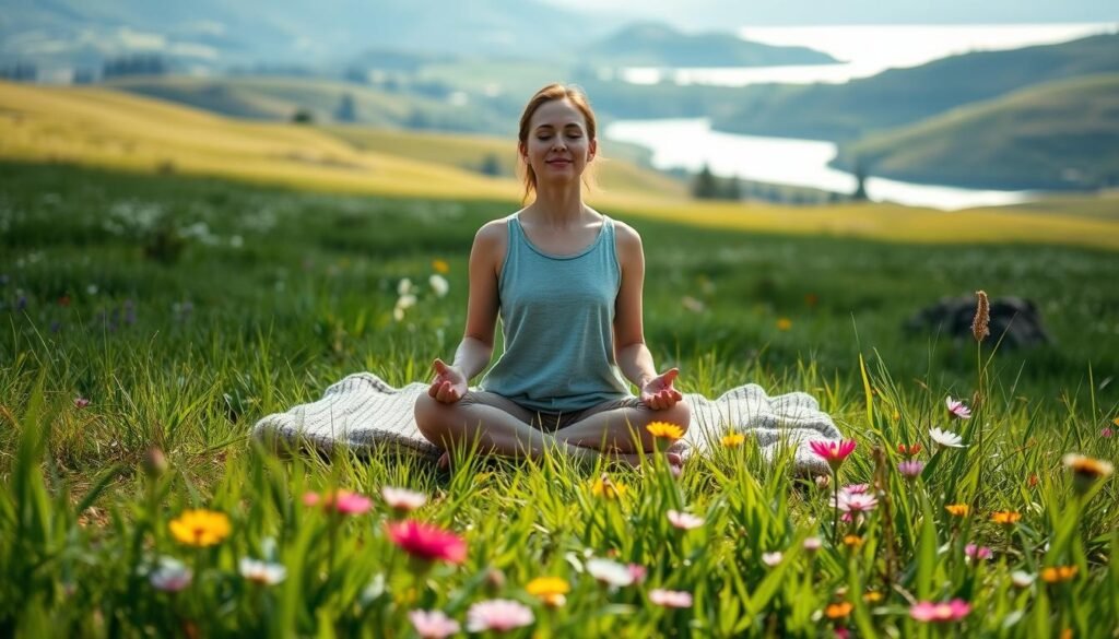 A serene, sun-dappled meadow with lush, verdant grasses and vibrant wildflowers in the foreground. In the middle ground, a woman sits cross-legged on a plush, knitted blanket, her eyes closed and expression peaceful as she practices mindful meditation. Soft, diffused lighting bathes the scene, creating a calming, contemplative atmosphere. The background features rolling hills and a tranquil, shimmering lake, conveying a sense of harmony and balance. The woman wears comfortable, modest clothing that allows for free movement and focus. A serene, sun-dappled meadow with lush, verdant grasses and vibrant wildflowers in the foreground. In the middle ground, a woman sits cross-legged on a plush, knitted blanket, her eyes closed and expression peaceful as she practices mindful meditation. Soft, diffused lighting bathes the scene, creating a calming, contemplative atmosphere. The background features rolling hills and a tranquil, shimmering lake, conveying a sense of harmony and balance. The woman wears comfortable, modest clothing that allows for free movement and focus.