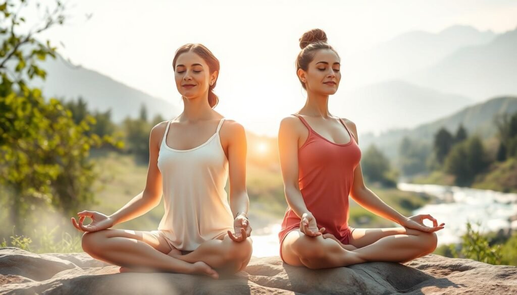 A serene, sun-dappled scene of two women, one seated in a lotus position and the other standing, their bodies connected by a shimmering energy field. The women's expressions radiate tranquility and inner balance, their postures conveying a deep mind-body harmony. The background features a lush, verdant landscape with a flowing river and distant mountains, evoking a sense of natural rejuvenation. Soft, diffused lighting casts a warm, contemplative glow, while a hazy, ethereal atmosphere heightens the meditative ambiance. The overall impression is one of holistic wellness, where mental clarity and physical well-being coexist in perfect equilibrium.