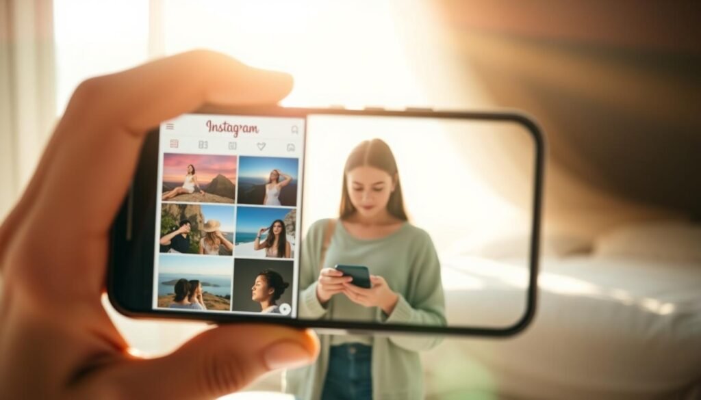 A serene, sun-lit social media feed, framed by a sleek smartphone. In the foreground, a grid of carefully curated posts showcasing vibrant lifestyle moments, from stunning landscapes to stylish outfits. The middle ground features a calm, contemplative woman scrolling through her feed, dressed in modest, comfortable attire. The background blurs softly, hinting at the vast expanse of the digital world beyond. The overall atmosphere is one of introspection, inviting the viewer to consider the balance between curation and authenticity in the social media age.