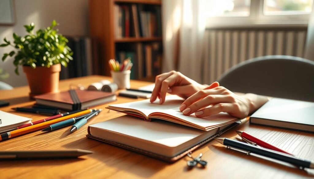 A serene, sunlit workspace with a wooden desktop covered in an array of journaling essentials - a leather-bound notebook, high-quality pens in an assortment of colors, and a small potted plant for natural ambiance. In the middle ground, a pair of delicate hands with perfectly manicured nails thoughtfully turning the pages of the journal, capturing the essence of mindful introspection. The background features a softly blurred bookshelf, hinting at a cozy, contemplative atmosphere perfect for self-reflection and emotional clarity. Warm, natural lighting filters through a nearby window, casting a gentle glow over the scene. The overall mood is one of serene productivity and introspective focus.