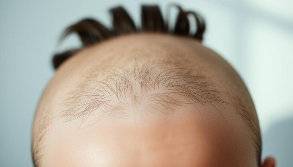 A serene, well-lit close-up shot of a person's head, focusing on their scalp. The scalp is shown in intricate detail, with the skin texture and hair follicles clearly visible. Soft, diffused lighting gently illuminates the scene, creating a calming and natural atmosphere. The background is subtly blurred, emphasizing the central subject. The person's hair is neatly combed and arranged, suggesting a well-groomed and healthy appearance. The overall impression conveys a sense of care, protection, and the importance of scalp health for promoting hair growth.