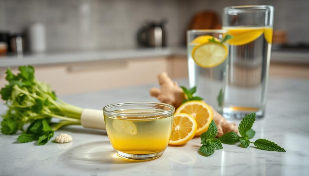 A serene, well-lit kitchen countertop with various natural remedies for immediate bloating relief, including fennel tea, ginger, mint leaves, and a glass of water with lemon. The items are artfully arranged, creating a calming and inviting atmosphere. The lighting is soft and diffused, highlighting the vibrant colors and textures of the ingredients. The angle is slightly elevated, allowing for a clear view of the entire setup. The overall mood conveys a sense of simplicity, efficacy, and a holistic approach to addressing the issue of post-meal bloating.