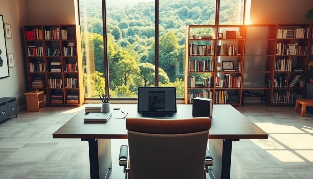 A serene, well-lit office setting with a large desk and comfortable chair in the foreground. On the desk, various office supplies and a laptop are neatly arranged, conveying a sense of organization and productivity. In the middle ground, a bookshelf filled with inspiring books and resources stands, symbolizing knowledge and personal growth. The background features a large window overlooking a lush, verdant landscape, bathed in warm, natural lighting, evoking a calming and rejuvenating atmosphere. The overall mood is one of focus, determination, and a positive outlook on rebuilding confidence through practical strategies.