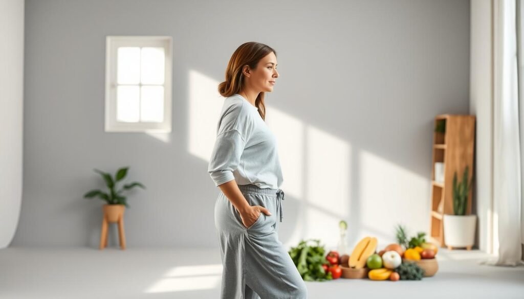 A serene, well-lit studio setting with a neutral gray backdrop. In the foreground, a woman in a comfortable, modest outfit stands sideways, her body framed by natural sunlight from a nearby window. Her posture is relaxed, yet her expression conveys a sense of balance and well-being. In the middle ground, various healthy food items are artfully arranged, such as fresh fruits, vegetables, and a glass of water, symbolizing a balanced diet. The background features subtle, calming elements like potted plants or a simple bookshelf, creating a harmonious and inviting atmosphere. The overall tone is one of tranquility, reflecting the natural approach to hormone and weight management.