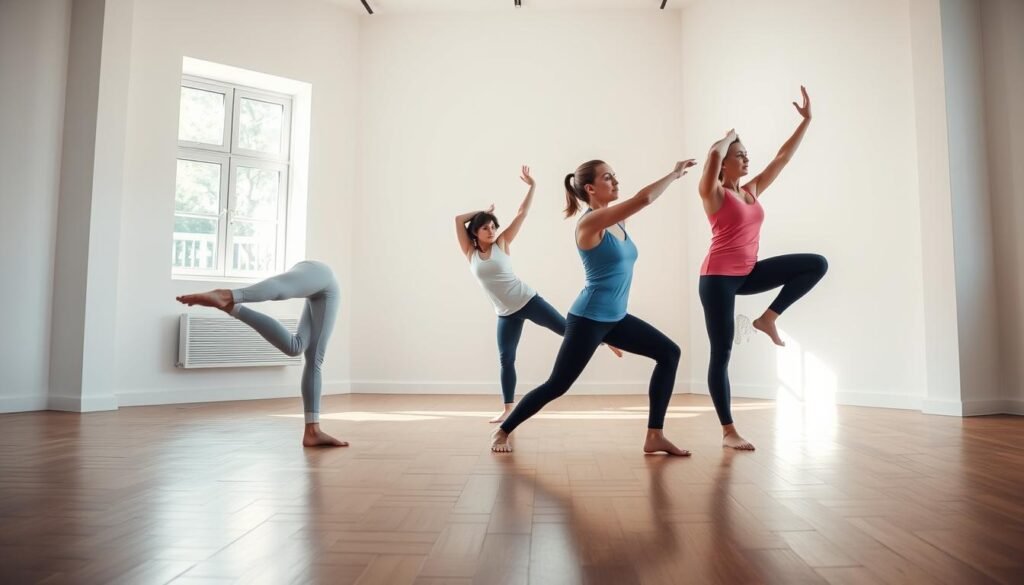 A serene, well-lit studio setting with a wooden floor and clean white walls. In the center, three women in comfortable athletic wear, each performing a different balance exercise - one balancing on one leg, another doing a side plank, and the third holding a tree pose. Their movements are graceful and intentional, conveying a sense of stability and control. Soft natural lighting from windows to the left casts a warm glow, creating depth and dimension. The overall mood is one of tranquility and focus, perfectly capturing the essence of balance training to prevent falls.
