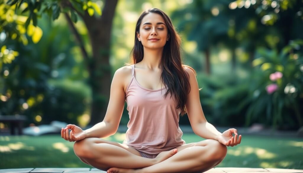 A serene woman sits cross-legged in a tranquil garden, her eyes closed and expression peaceful. Soft natural light filters through lush greenery, casting a warm glow. She radiates a sense of inner calm and compassion, embodying the essence of loving-kindness meditation. Her posture is upright yet relaxed, as she focuses her attention inward, cultivating unconditional love and acceptance for herself and all beings. The background is blurred, keeping the viewer's focus on the woman's meditative presence. This image captures the transformative power of this mindfulness practice, inspiring a sense of self-love, empathy, and connection.