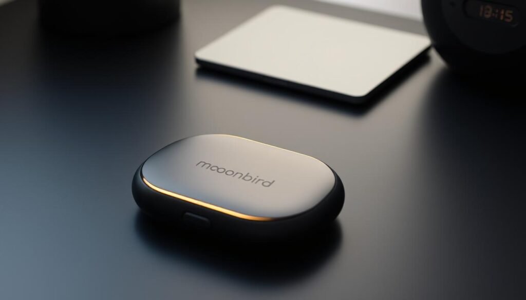 A sleek and modern device rests on a minimalist desk, its matte black surface reflecting the soft, ambient lighting. The Moonbird device sits prominently, its curved design and clean lines conveying a sense of sophisticated technology. Subtle backlighting emanates from the device, casting a warm glow and creating a calming, meditative atmosphere. The device's simple controls and intuitive interface suggest an effortless user experience, perfect for guided breathwork and meditation. The overall scene exudes a sense of tranquility and wellness, inviting the viewer to imagine the restorative benefits of the Moonbird device.