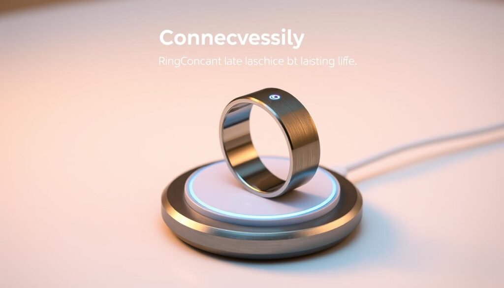 A sleek and modern smart ring rests upon a wireless charging pad, its LED indicator glowing softly. The ring's brushed metal casing catches the warm, directional lighting, highlighting its elegant design. In the background, a minimalist, light-colored setting creates a clean, uncluttered atmosphere, allowing the device to take center stage. The composition emphasizes the ring's long-lasting battery life and the convenient charging case, reflecting the section's focus on the RingConn Gen 2's practical and user-friendly features.