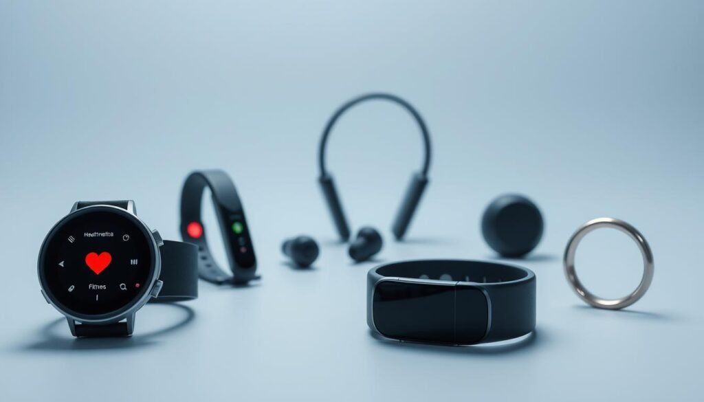 A sleek, minimalist composition showcasing a collection of advanced health-tracking wearables. In the foreground, a smartwatch with a clean, modern interface displays real-time biometric data. Beside it, a slim fitness tracker with a pulsing LED heartrate sensor. In the middle ground, a wireless earbud pair with heart-rate monitoring capabilities. In the background, a stylish sleep-tracking headband and a discrete, ring-shaped stress recovery device. Soft, directional lighting illuminates the devices, highlighting their premium, high-tech aesthetics. The overall scene conveys a sense of balance, wellness, and the seamless integration of cutting-edge health technology into everyday life.