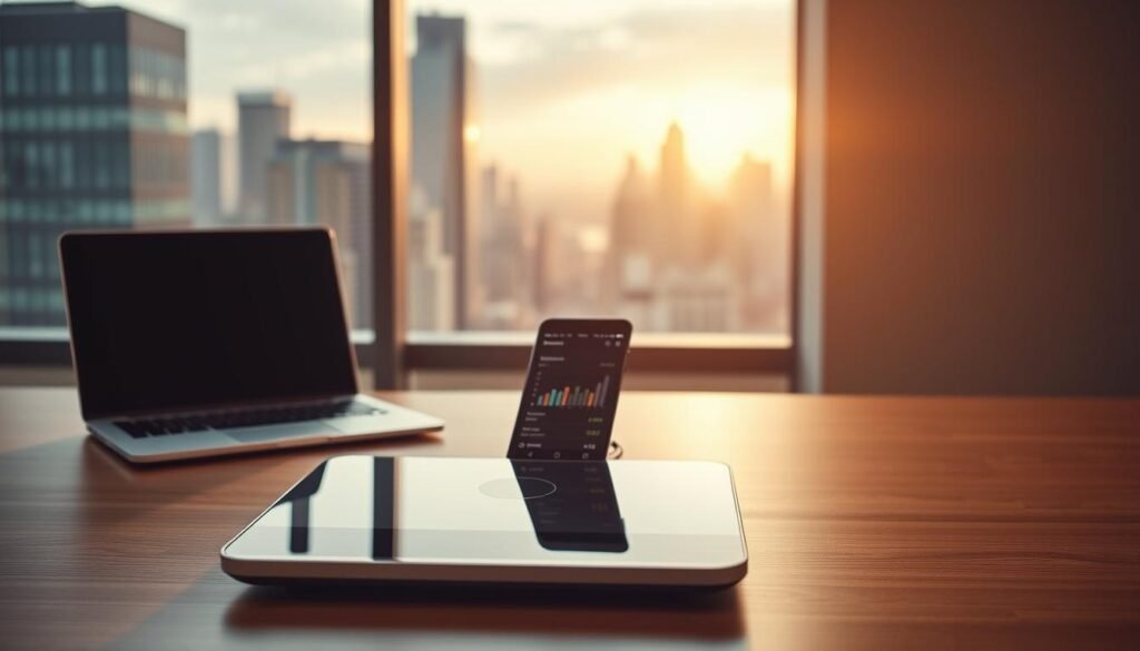 A sleek, minimalist desktop workspace with a modern laptop, a tablet, and a smart scale displayed prominently. The scale's screen shows a detailed data visualization of body composition metrics, connected to a mobile app interface on the tablet. The background features a blurred city skyline through a large window, bathed in warm, natural lighting. The overall scene conveys a sense of productivity, connectivity, and personalized health insights.