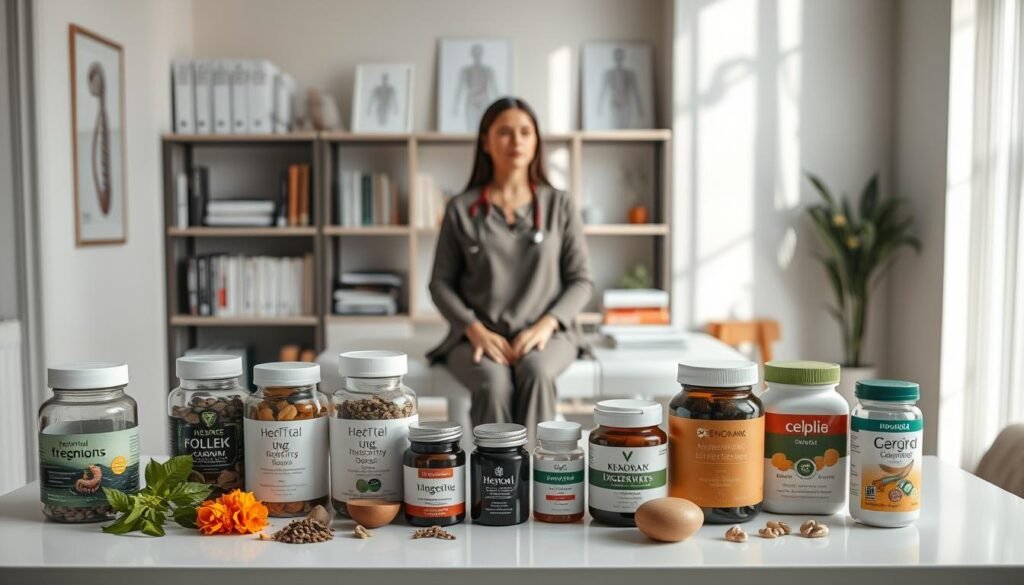 A sleek, minimalist medical office setting, with a focus on various natural and alternative treatments for digestive health. In the foreground, an array of herbal supplements, probiotics, and digestive aids are neatly arranged on a clean, white table, illuminated by soft, diffused lighting. In the middle ground, a woman in a long-sleeved, modest blouse and pants sits comfortably on an examination table, discussing options with a healthcare professional in a lab coat. The background features shelves stocked with medical texts and anatomy diagrams, conveying a sense of expertise and holistic care. The overall mood is one of trust, comfort, and a balanced approach to digestive wellness. A sleek, minimalist medical office setting, with a focus on various natural and alternative treatments for digestive health. In the foreground, an array of herbal supplements, probiotics, and digestive aids are neatly arranged on a clean, white table, illuminated by soft, diffused lighting. In the middle ground, a woman in a long-sleeved, modest blouse and pants sits comfortably on an examination table, discussing options with a healthcare professional in a lab coat. The background features shelves stocked with medical texts and anatomy diagrams, conveying a sense of expertise and holistic care. The overall mood is one of trust, comfort, and a balanced approach to digestive wellness.