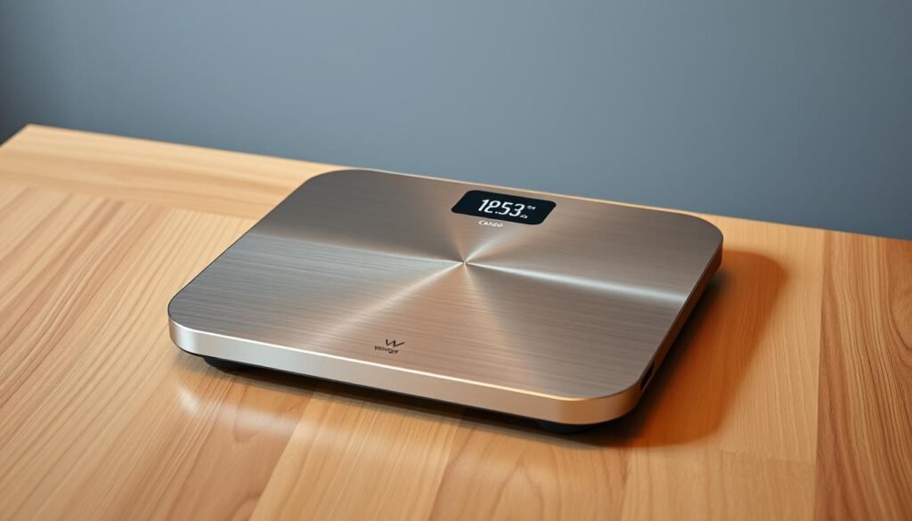 A sleek, modern Withings Body Cardio scale resting on a minimalist wood surface, with a neutral gray backdrop. The scale's brushed metal body reflects the warm lighting, highlighting its premium design and attention to detail. The display panel shows clear, legible metrics like heart rate, arterial health, and body composition data. The overall scene conveys a sense of health, wellness, and advanced technological capabilities in a visually appealing, high-end aesthetic.