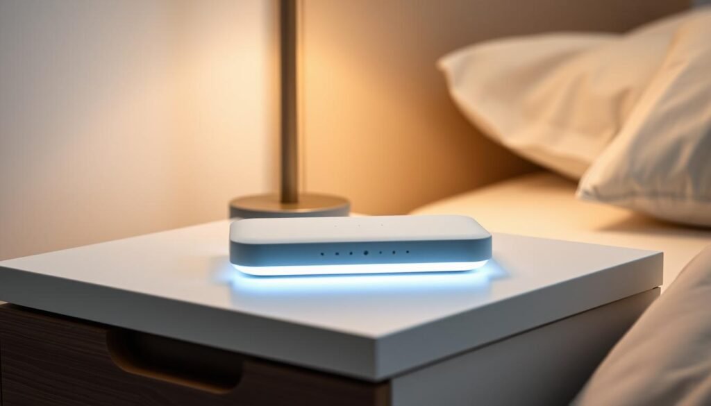 A sleek, modern sleep aid device called Morph&eacute;e rests on a nightstand, its simple, minimalist design exuding a soothing, calming presence. Soft ambient lighting emanates from the device, casting a gentle glow across the nightstand and surrounding area. The device's clean, uncluttered interface features intuitive controls, allowing the user to easily access a variety of meditations and soundscapes to help induce relaxation and restful sleep. The overall scene evokes a tranquil, screen-free environment, ideal for a midlife woman seeking a natural, technology-driven solution to improve her sleep quality.