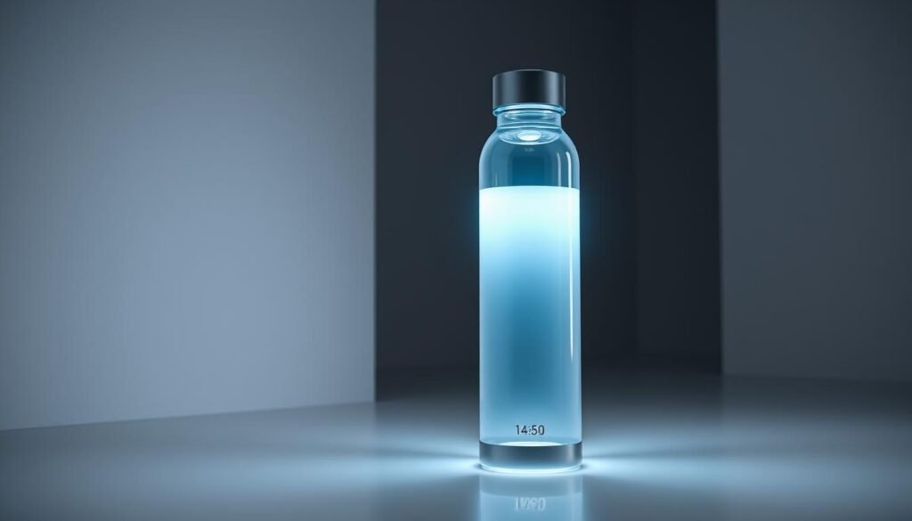 A sleek, modern smart water bottle, its streamlined design illuminated by soft, ambient lighting. The bottle's digital display showcases real-time hydration tracking, encouraging the user to stay hydrated throughout the day. In the background, a minimalist, high-contrast environment with clean lines and muted tones emphasizes the bottle's technological focus. The scene conveys a sense of simplicity, efficiency, and personal wellness, capturing the essence of the "Smart bottle vs. hydration app: which way should you track?" section of the article. A sleek, modern smart water bottle, its streamlined design illuminated by soft, ambient lighting. The bottle's digital display showcases real-time hydration tracking, encouraging the user to stay hydrated throughout the day. In the background, a minimalist, high-contrast environment with clean lines and muted tones emphasizes the bottle's technological focus. The scene conveys a sense of simplicity, efficiency, and personal wellness, capturing the essence of the "Smart bottle vs. hydration app: which way should you track?" section of the article.