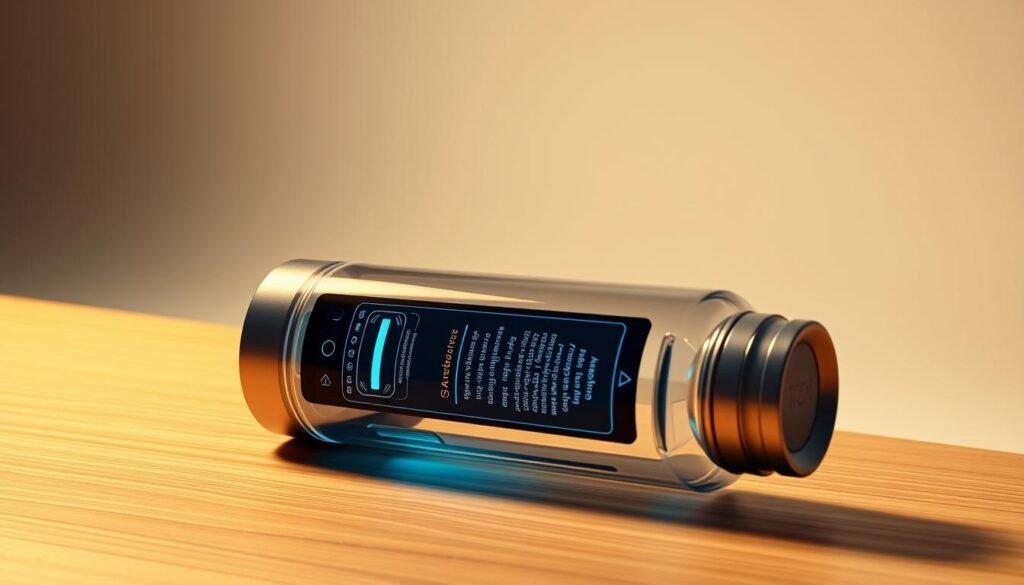 A sleek, modern smart water bottle with intricate digital water level tracking system and troubleshooting interface displayed on a high-resolution LCD screen. The bottle is positioned on a minimalist wooden desk, bathed in warm, directional lighting that highlights the subtle contours and premium materials. The background is a clean, off-white studio setting, creating a sense of focus and professionalism. The overall composition conveys a sense of elegant problem-solving, guiding the user through common issues with the water tracking technology.