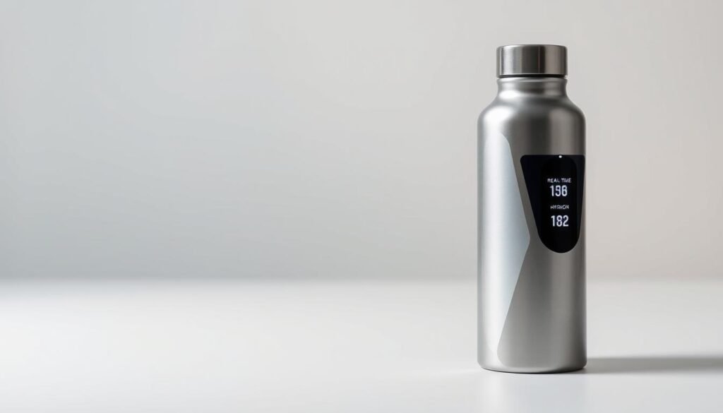 A sleek, silver smart water bottle with a futuristic design, its LED display showing real-time hydration tracking. In the foreground, the bottle rests on a clean, minimalist surface, while the background features a soft, muted gradient, creating a sense of focus and simplicity. The lighting is soft and diffused, casting gentle shadows and highlights to accentuate the bottle's curves and metallic finish. The image conveys a modern, high-tech aesthetic that aligns with the "What to look for before you buy" section of the article on the best smart water bottles. A sleek, silver smart water bottle with a futuristic design, its LED display showing real-time hydration tracking. In the foreground, the bottle rests on a clean, minimalist surface, while the background features a soft, muted gradient, creating a sense of focus and simplicity. The lighting is soft and diffused, casting gentle shadows and highlights to accentuate the bottle's curves and metallic finish. The image conveys a modern, high-tech aesthetic that aligns with the "What to look for before you buy" section of the article on the best smart water bottles.