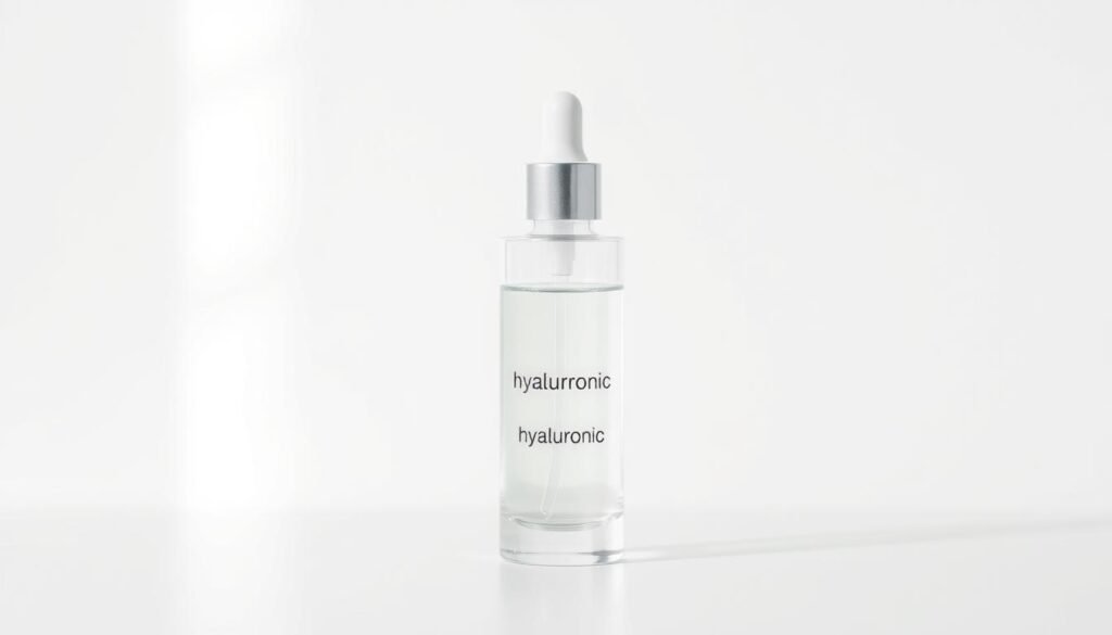 A slender, elegant glass container filled with a clear, viscous serum against a minimalist white background. The container has a sleek, modern design with a simple label highlighting the key ingredient "hyaluronic". Soft, diffused lighting from the side creates a subtle glow, emphasizing the translucent quality of the liquid. The overall composition is clean, balanced, and emphasizes the purity and effectiveness of the hyaluronic serum as a key step in an efficient, streamlined beauty routine.