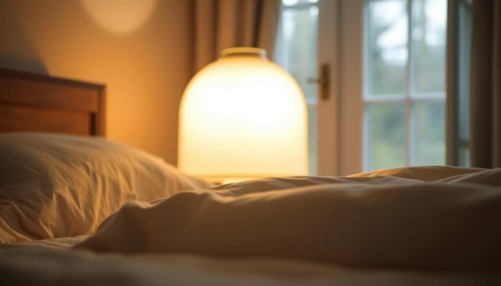 A softly glowing lamp casts a warm, inviting light across a cozy bedroom. The light is diffused through an elegant glass shade, creating a gentle, ambient glow that fills the space. The angle of the light highlights the smooth textures of the bedding and accentuates the subtle hues of the room's decor, creating a calming, relaxing atmosphere. In the background, a window allows natural daylight to filter in, blending seamlessly with the artificial light source. The overall scene conveys a sense of tranquility and comfort, ideal for promoting restful sleep.