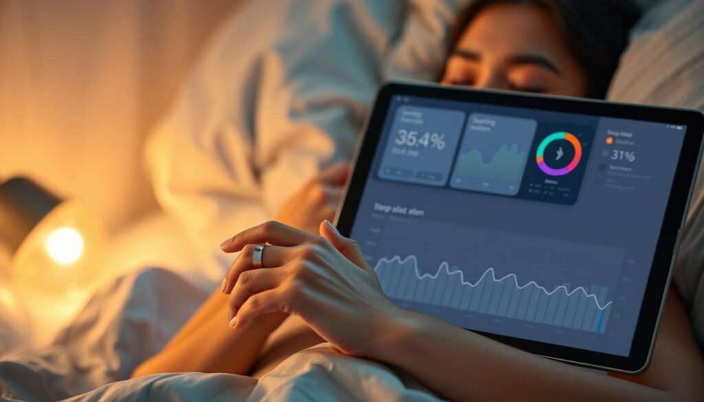 A softly lit bedroom scene, a woman's hand resting gently on a high-tech smart ring as sleep data is recorded. Ambient lighting casts a warm glow, while a sleek dashboard on a tablet display shows detailed charts tracking sleep stages, snoring patterns, and breathing rhythms. The woman's face is serene, her expression one of peaceful rest as she gains valuable insights into her sleep health. The image conveys the transformative power of smart wearable technology in revolutionizing women's self-care and wellness.