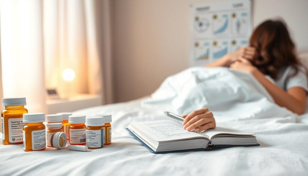 A softly lit examination room, crisp white sheets on a medical bed. In the foreground, an array of prescription bottles, sleep medication, and a notebook with handwritten notes. A doctor's hands gently examining a patient, their face obscured. In the background, medical charts and diagrams depicting hormonal cycles and sleep patterns. Warm, soothing lighting casts a comforting glow, conveying the professional care and expertise dedicated to addressing hormonal sleep disruptions. Subtle, clinical atmosphere with a tone of empathy and understanding.