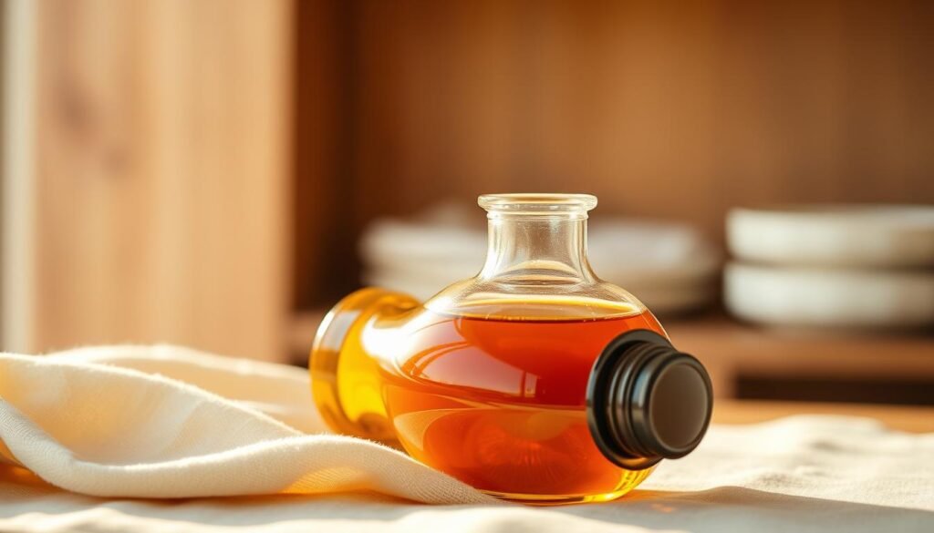 A sophisticated glass bottle filled with rich, golden argan oil, resting on a soft, cream-colored linen cloth. The lighting is warm and inviting, casting a gentle glow on the bottle's surface, highlighting its luxurious texture. In the background, a blurred, earthy-toned setting, perhaps a wooden table or shelving, creates a cozy, natural ambiance. The overall scene exudes a sense of nourishment, purity, and the transformative power of this versatile, skin-rejuvenating oil.