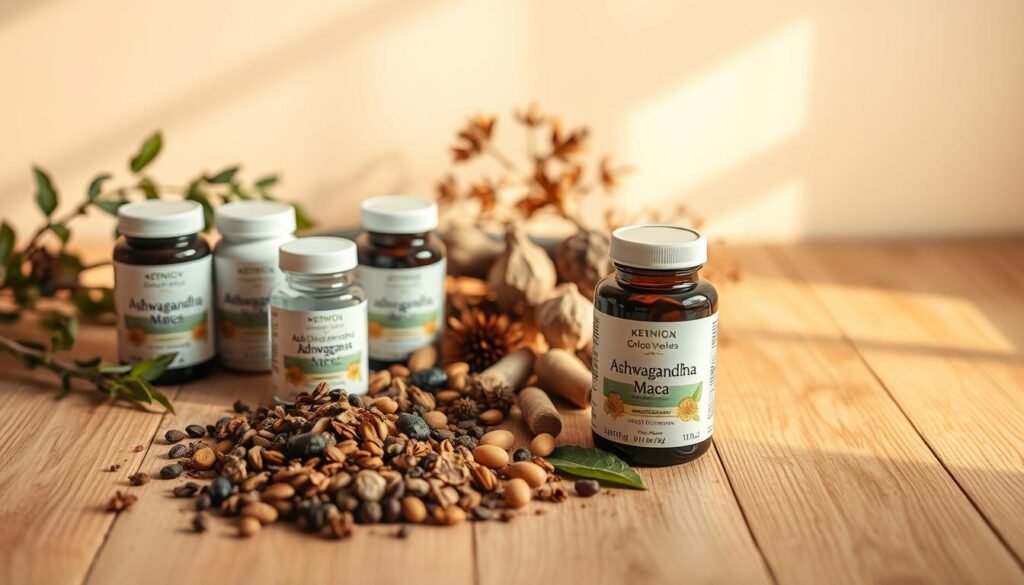 A still life arrangement showcasing a selection of adaptogens on a minimalist wooden table. In the foreground, a variety of herbal supplements are displayed, including ashwagandha, maca, and rhodiola. The middle ground features a scattering of dried berries, roots, and leaves, creating a natural, earthy ambiance. The background is softly lit, with warm lighting gently illuminating the scene, conveying a sense of calm and balance. The overall composition emphasizes the harmony and synergy of these adaptogenic herbs, reflecting their potential to support hormone regulation in women.