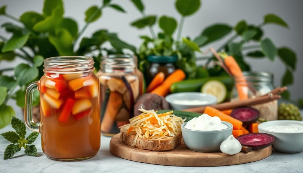 A still life arrangement showcasing an assortment of fermented foods and probiotic-rich ingredients. In the foreground, a glass jar filled with colorful, bubbling kombucha sits alongside a wooden board topped with sliced sourdough bread, tangy sauerkraut, and creamy yogurt. In the middle ground, a variety of pickled vegetables, such as carrots, cucumbers, and beets, are arranged in an artful display. The background features lush, green leafy plants, adding a fresh, natural ambiance. The lighting is soft and diffused, creating a warm, inviting atmosphere. The camera angle is slightly elevated, providing a visually appealing and appetizing perspective.