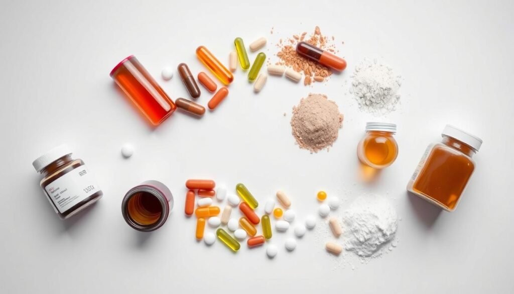 A still life image of various dietary supplements, including capsules, tablets, softgels, and powders, neatly arranged on a minimalist white background. The lighting is soft and diffused, creating a clean, clinical aesthetic. The composition features a harmonious balance, with the supplements organized in an appealing grid or circular pattern. The image conveys a sense of order, quality, and scientific precision, reflecting the "smart nutrition and supplements" theme. The overall mood is calm, informative, and visually appealing, suitable for illustrating the article's section on responsible supplement use.