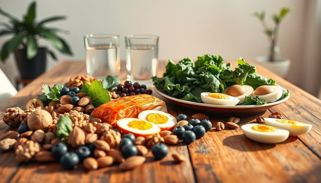 A still life of brain-boosting "superfoods" arranged on a rustic wooden table, bathed in warm, natural lighting. In the foreground, a variety of nuts, seeds, berries, and leafy greens like walnuts, almonds, blueberries, spinach, and kale. In the middle ground, a glass of clear water and a plate of grilled salmon, avocado slices, and hard-boiled eggs. The background features a simple, minimalist setting, with clean white walls and perhaps a plant or two, creating a calm, focused atmosphere. The composition should be balanced, highlighting the vibrant colors and textures of the "brain foods" to convey a sense of nourishment and mental energy.